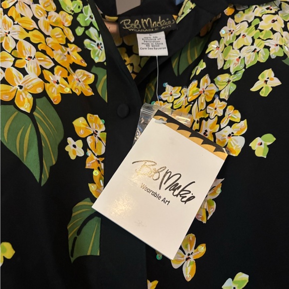 BOB MACKIE Wearable Art Black Floral Embellished Button Blouse 100 Silk SZ LRG - Picture 4 of 7